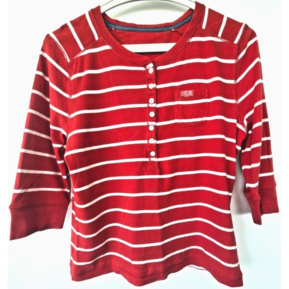 Ralph Lauren Striped Henley Sz M Red Y2K Preppy Retro 3/4 Sleeve Quiet Luxury